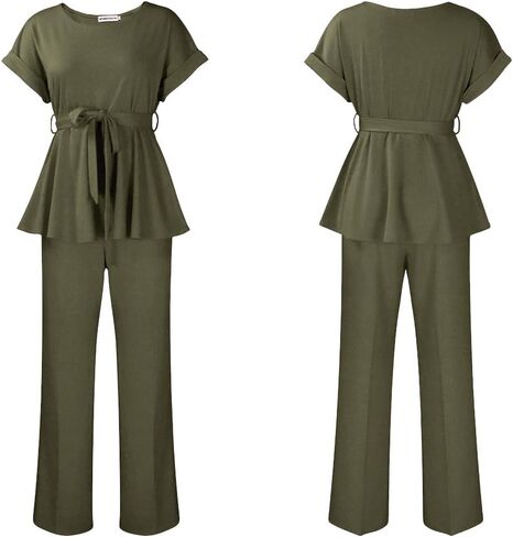 طقم بدلة نسائية مكون من قطعتين من Ekaliy بأكمام قصيرة وسروال واسع من Peplum أطقم بدلات عمل in Kuwait