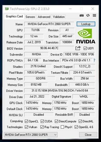 RTX 2060 Super 8GB GDDR6 أداء بطاقة الرسومات in Saudi Arabia
