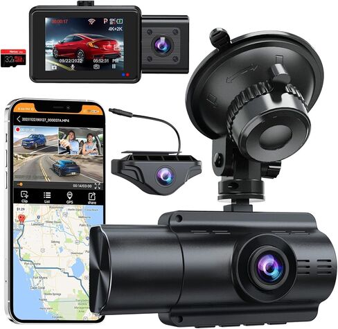 Moplasz 3 Channel 4K Dash Cam with SD Card, 4K+2K Front and Rear Camera for Cars WiFi GPS, 2K+1080P+2K Dashcam Cabin Three Way Night Vision,Parking Mode, Support 256GB Max, Black in Saudi Arabia