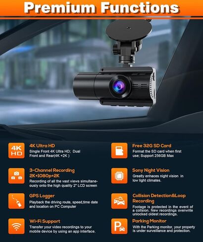 Moplasz 3 Channel 4K Dash Cam with SD Card, 4K+2K Front and Rear Camera for Cars WiFi GPS, 2K+1080P+2K Dashcam Cabin Three Way Night Vision,Parking Mode, Support 256GB Max, Black in Saudi Arabia