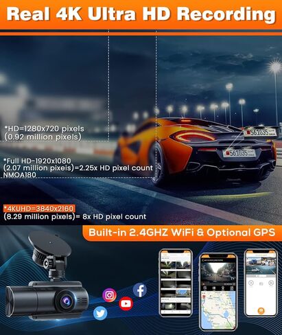 Moplasz 3 Channel 4K Dash Cam with SD Card, 4K+2K Front and Rear Camera for Cars WiFi GPS, 2K+1080P+2K Dashcam Cabin Three Way Night Vision,Parking Mode, Support 256GB Max, Black in Saudi Arabia