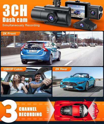 Moplasz 3 Channel 4K Dash Cam with SD Card, 4K+2K Front and Rear Camera for Cars WiFi GPS, 2K+1080P+2K Dashcam Cabin Three Way Night Vision,Parking Mode, Support 256GB Max, Black in Saudi Arabia