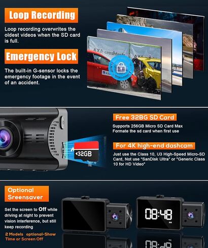 Moplasz 3 Channel 4K Dash Cam with SD Card, 4K+2K Front and Rear Camera for Cars WiFi GPS, 2K+1080P+2K Dashcam Cabin Three Way Night Vision,Parking Mode, Support 256GB Max, Black in Saudi Arabia