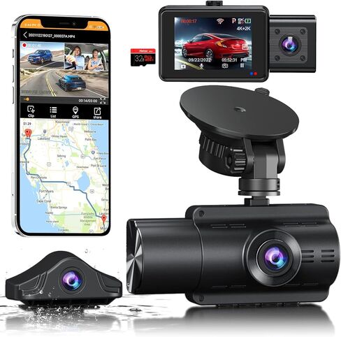 Moplasz 3 Channel 4K Dash Cam with SD Card, 4K+2K Front and Rear Camera for Cars WiFi GPS, 2K+1080P+2K Dashcam Cabin Three Way Night Vision,Parking Mode, Support 256GB Max, Black in Saudi Arabia