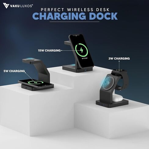 Vaku Luxos® Trinity 3in1 23W Magnetic Wireless Charger for iPhone 15/15 Plus/15 Pro/15 Pro Max, iPhone 14/14 Plus/14 Pro/Max, iPhone 13/12/11 Series Original Fast Charger- Black in Saudi Arabia