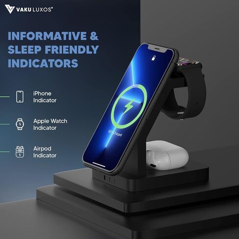 Vaku Luxos® Trinity 3in1 23W Magnetic Wireless Charger for iPhone 15/15 Plus/15 Pro/15 Pro Max, iPhone 14/14 Plus/14 Pro/Max, iPhone 13/12/11 Series Original Fast Charger- Black in Saudi Arabia