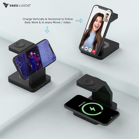 Vaku Luxos® Trinity 3in1 23W Magnetic Wireless Charger for iPhone 15/15 Plus/15 Pro/15 Pro Max, iPhone 14/14 Plus/14 Pro/Max, iPhone 13/12/11 Series Original Fast Charger- Black in Saudi Arabia