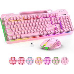 Wireless Gaming Keyboard and Mouse Combo, RGB Backlit Rechargeable 2000 mAh Battery, Mechanical Feel Anti-ghosting Keyboard + 6D 4800DPI Mice for PC Gamer(Pink)