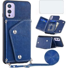 Asuwish Phone Case for OnePlus 9 OnePlus9 5G Wallet Cover with Screen Protector and Credit Card Holder Crossbody Strap Cell Accessories One Plus9 On 1 Plus 1plus One+ 1+ 1+9 Nine Women Girls Blue