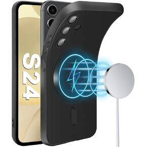 Slim Case for Samsung Galaxy S24 5G, [Camera Lens Protector][Mag-Safe] Thin Metal Matte Silicone Soft Rubber Galaxy S24 Phone Case, Magnetic Wireless Charging Cover for Samsung S24 5G (Black)