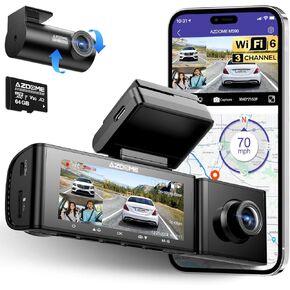 AZDOME 3 Channel WiFi 6 Dash Camera for Cars, 2.5K+1080P+1080P Dash Cam Front and Rear Inside, 64GB Card Included, 3.18" IPS Screen Car Camera with GPS, Parking Mode, IR Night Vision, WDR (M590)