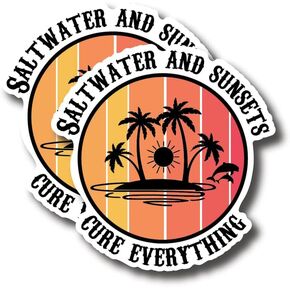 Saltwater and Sunsets Cure Everything - Beautiful Colorful Sunset Beach Bum Ocean Lover Stickers - Premium Quality Laminated Vinyl Stickers 2-Pack | 5-Inch on Widest Side | Made in USA - FHJ259