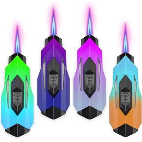 Torch Lighter, 4 Pack Jet Flame Torch Lighters, Cool Lighter Refillable Butane, Adjustable Flame Windproof Lighter for Candle, Kitchen, BBQ, Outdoor (Without Butane)-fc