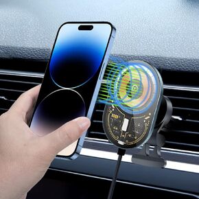 Transparent Magnetic Wireless Car Charger Stand, Compatible Charging Air Vent Mount, Compatible with iPhone15/14/13/12Series (C12PRO-blue)