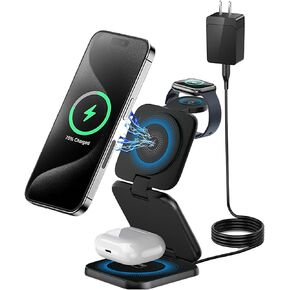 3 in 1 Foldable Charging Station: Travel Charger for Multiple Devices - Compatible with iPhone 16 15 14 Pro Max 13 12 11 - Watch 10 9 8 7 6 5 4 3 2 SE and Ultra Series - Airpods 4 3 2 Pro