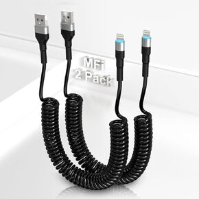 2 Pack Coiled iPhone Lightning Cable for Apple CarPlay & MFi - Short Coiled iPhone Charger Cord, Coiled USB to Lightning Cable with Data Sync LED
