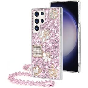 Losin Compatible with Galaxy S24 Ultra Bling Case Luxury 3D Diamond Crystal Rhinestone Shiny Gemstone and Flower Case for Women Girls Glitter Sparkle Chain Lanyard Strap, Pink