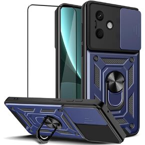 Case for Oppo A60 / A40 4G with Tempered Glass Screen Protector,Sliding Camera Window, Kickstand, Shock-Proof Anti-Scratch Dual-Layer Phone Cover, Blue