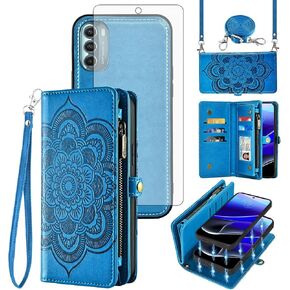 Asuwish Phone Case for Motorola Moto G Stylus 5G 2022 Zipper Wallet Detachable Cell Cover with Tempered Glass Screen Protector Strap Flower Card Holder Slot XT2215-1 XT2215-4 XT2215DL Women Girls Blue