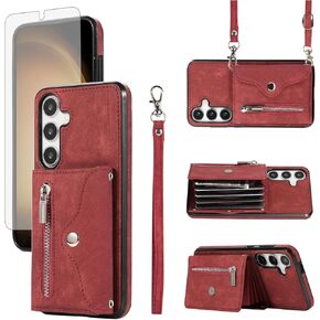 Asuwish Phone Case for Samsung Galaxy A35 5G Wallet Cover and Tempered Glass Screen Protector with Wrist Crossbody Strap Lanyard Credit Card Holder Stand Leather Cell A 35 35A A355G Women Men Red
