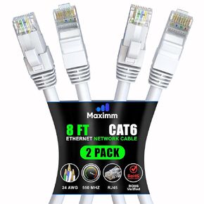 Maximm Cat 6 Ethernet Cable 8 ft (2-Pack) - High-Speed LAN Cable, Internet Cable, Patch Cable, and Network Cable - UTP, 10Gbps, 550MHz Ethernet Cord - White