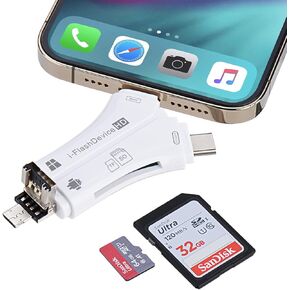 SD Card Reader for iPhone/ipad/Android/Mac/Computer/Camera, 4 in 1 SD Card Reader Reads Both SD TF Memory simultaneously Memory Card Reader Trail Camera Viewer Compatible for SD TF Card White