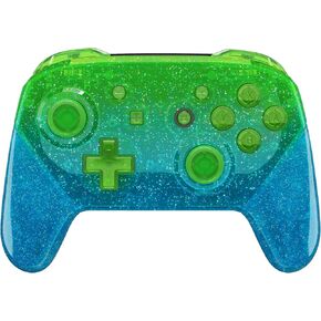 eXtremeRate Faceplate Backplate Handles for Nintendo Switch Pro Controller, Glitter Gradient Translucent Green Blue Replacement Hand Grip Housing Shell for Nintendo Switch Pro -Controller Without