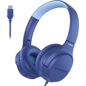 Kids Headphones USB C with Microphone, 85dB Volume Limited, Over Ear Headphones for Kids, Stereo Sound, Foldable Kids Headphones for School/Travel/iPad/Tablet, Blue