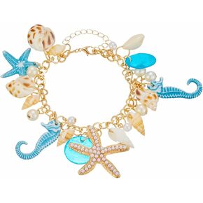 Handmade Starfish Seashell Pearl Bracelets for Women Teen Girls Gold Plated Bohemian Charm Sea Shell Couch Beads Adjustable Chain Anklet Bracelets Hawaiian Beach Holiday Mermaid Costume Jewelry Gifts