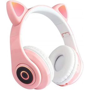 Docooler Cat Ear Headphones, Gaming Headphone with Microphone, Stereo Hi-Fi Soun, Foldable Comfortable, Adjustable Wireless/Wire Over Ear Headset for Girls, Teenagers, Adults, Gaming - Pink