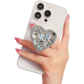 Cute Glitter Color Heart Shape Collapsible Expandable Multi Functional Mobile Phone Grip & Kickstand (Silver)