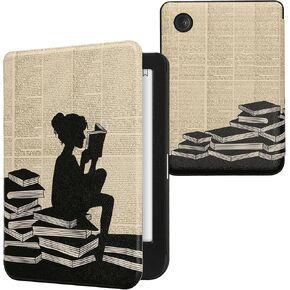 kwmobile Case Compatible with Kobo Clara BW/Colour Case - eReader Cover - Girl and Books Black/Beige