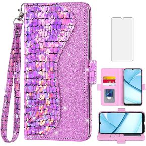 Asuwish Phone Case for Tracfone BLU View 5 Pro B170D Wallet Cover with Tempered Glass Screen Protector and Flip Credit Card Holder Bling Glitter Cell Trac Fone Blue View5 5Pro 170D Women Girls Pink