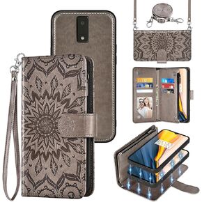 Phone Case for Tracfone BLU View 4 B135DL Zipper Wallet Magnetic Detachable Cell Cover with Screen Protector Crossbody Lanyard Strap Flip Card Holder Slot BLUE View 2 2023 View4 135DL Women Men Gray