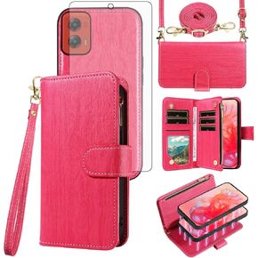 Asuwish Phone Case for Motorola Moto G Stylus 5G 2024 Zipper Wallet Magnetic Detachable Cell Cover with Tempered Glass Screen Protector Crossbody Lanyard Strap Card Holder Slot G5 Women Girls Rose Red