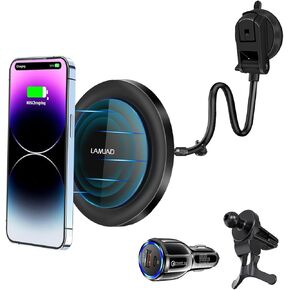 LAMJAD for Magsafe Car Mount Charger, Magnetic Car Charger Fast Charging, 15W Wireless Car Charger,Compatible for Phone 15/14/13/12 Air Vent Dashboard Car Mount Phone Holder [with PD 3.0 Adapter]