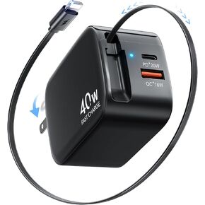 3 in 1 Wall Charger,Retractable 40W Fast Charger Block with Lightening Cable and 2 USB Ports,Portable Fast Charging Adapter with Foldable Plug for iPhone14/13/12,iPad,Air-Pods(Black)