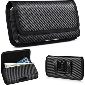 Phone Holster Men with Belt Clip and Card Holder Compatible with iPhone SE (2022/2020), 13/12 Mini, 7, 8, Galaxy S10e, Carbon Fiber Black, S