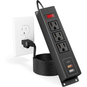 BTU 3 Outlet Power Strip with USB, Small Desktop Power Strip with 2 USB-A & 1 USB-C PD 20W Fast Charing, Mountable Under Desk, Workbench, Nightstand, Dresser, Table (Black)