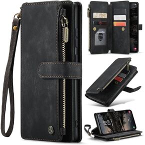 Wallet Case Compatibility with Samsung Galaxy S25 with Card Holder Kickstand Magnetic Zipper Pocket Lanyard Strap Wristlet,Leather Flip Case Wallet for Samsung Galaxy S25 5G 6.17 Inch (Black)