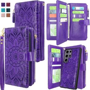 Harryshell Compatible with Samsung Galaxy S25 Ultra Wallet Case Detachable Phone Cover with Zipper Cash Coin Pocket Multi Card Slots Holder Wrist Strap Lanyard 6.9 inch (Floral Purple)