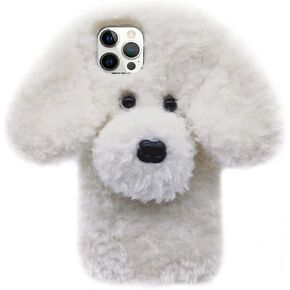 Losin Compatible with iPhone 15 Pro Max Case Cute Plush Furry Dog Phone Case for Women Girls Girly 3D Cartoon Kawaii Case Soft TPU Shockproof Protective Cover, White