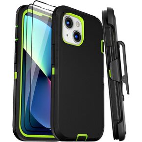 JGS for iPhone 13/iPhone 14 Case 6.1", Military Grade 3 in 1 Heavy Duty Shockproof/Drop Proof Case with 2 PCS Tempered Glass Screen Protector (13-Black Green-Clip, iPhone 13 Case)