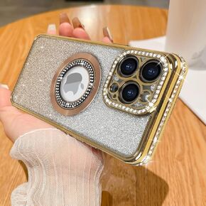 Losin for iPhone 16 Pro Max Magnetic Glitter Case Compatible with MagSafe Luxury Bling Rhinestone Case with Logo View Clear Plating Sparkle Diamond and Camera Lens Protection for Women Girls, Gold