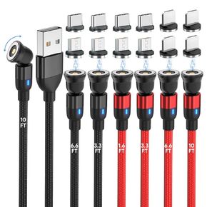 Magnetic Charging Cable, 540° Rotating Magnetic Phone Charger [7-Pack, 1.6ft/3ft/3ft/6ft/6ft/10ft/10ft] 3 in 1 Nylon Braided Magnetic USB Cable for iProduct/Micro USB/Type C Device