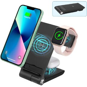 Foldable Wireless Charger, 3 in 1 Wireless Charging Station for iPhone 13/12/11/Pro/Max/XR/XS/XS Max/X/8/8 Plus, Apple Watch, Airpods 2/Pro, Samsung Galaxy Phone, Portable Wire