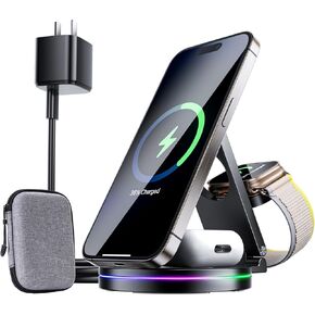 3 in 1 Wireless Charging Station for Apple Charger, 30W Fast Mag-Safe Qi2-Certified Magnetic Portable Charger Stand for iPhone 1615141312 Apple Watch AirPods 3/2 Pro, Adjustable Angle (Black, Qi2)