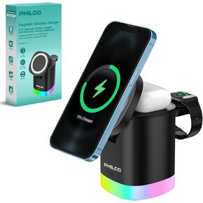 3-in-1 Magnetic Wireless Phone Charger, 15W Mag-Safe Charging Station for Apple Products iPhone 11/12/13/14/15/16, AirPods & Apple Watch with LED Lighting, Fast & Efficient for Home, Office & Travel
