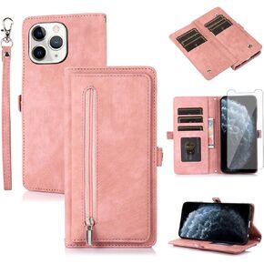 Asuwish Phone Case for iPhone 11 Pro Max 6.5 Wallet Cover with Tempered Glass Screen Protector and Crossbody Flip Zipper Credit Card Holder Stand Cell iPhone11 11pro Promax i XI Plus Women Men Pink