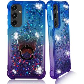 Zase Phone Case for Samsung Galaxy A25 5G Clear Liquid Sparkly Bling Cute Floating Glitters 3D Butterflies Quicksand Shockproof Soft Durable Cover w/Phone Ring Holder (Gradient Blue Purple)